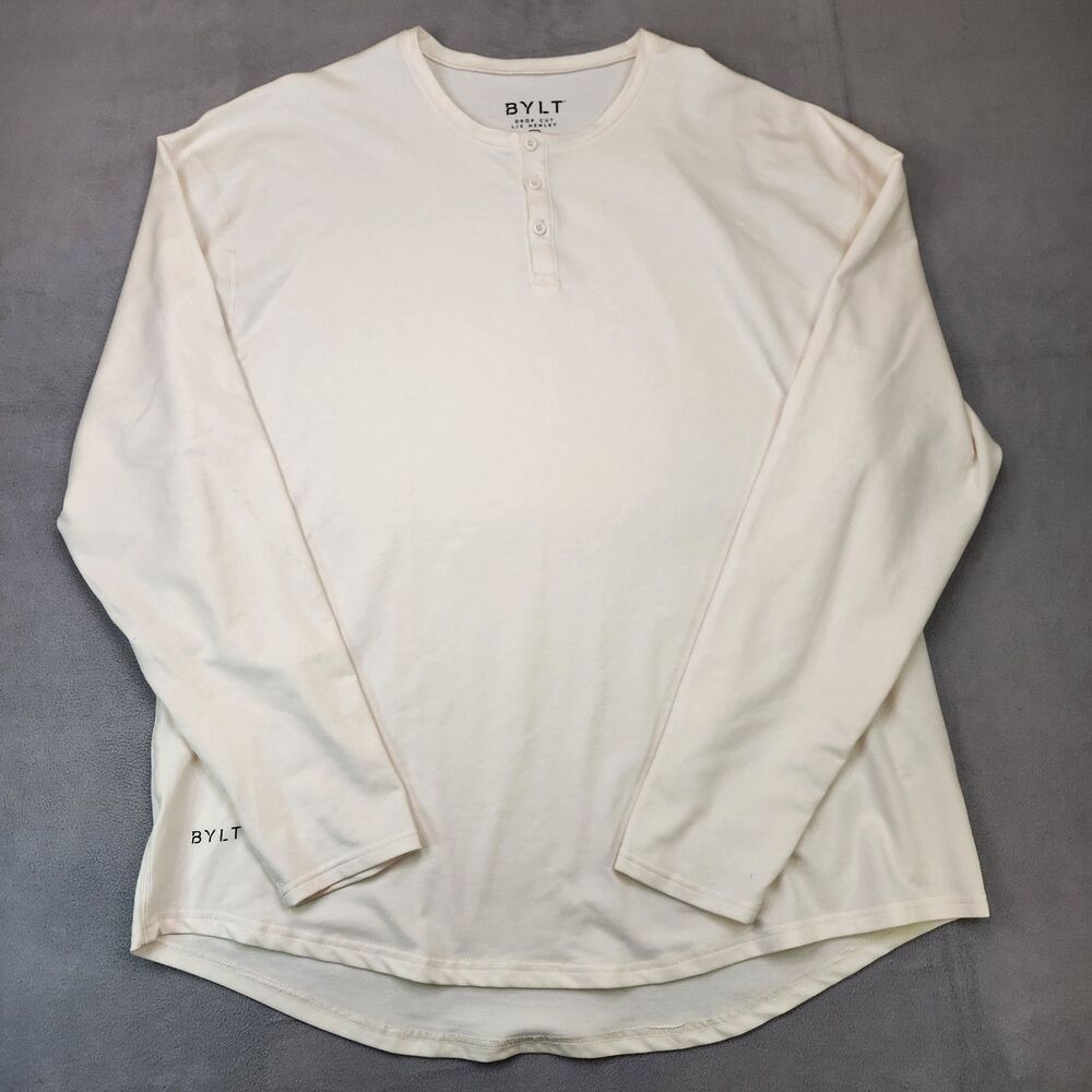Bylt Drop Cut Long Sleeve Henley Shirt Men's 2XL Cream Ivory Stretch Casual